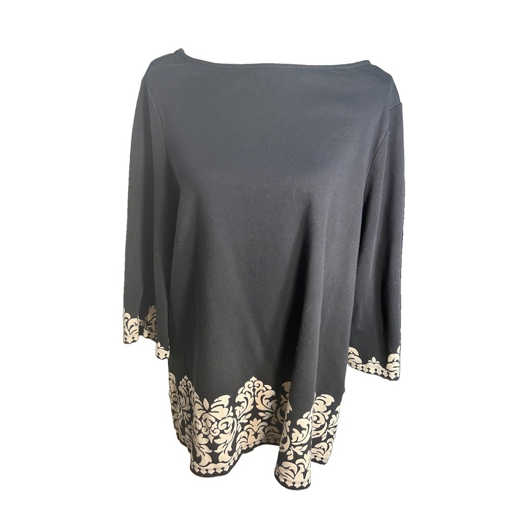 Charter Club Geometric Cottagecore Black Beige Bell Sleeve Knit Tunic Womens 1X
